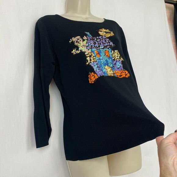 Halloween Sweater Womens Large Sweaterworks Sequin Haunted House Black Knit Top - Picture 4 of 10